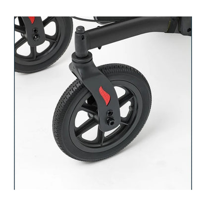 Close-up of a black wheel with red accents on a white background