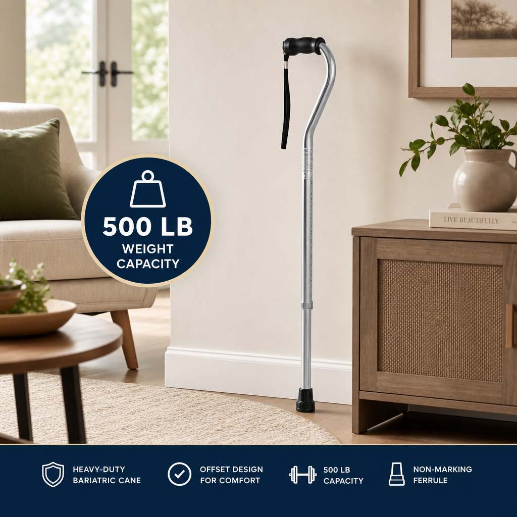 Walking cane in a living room with product features highlighted