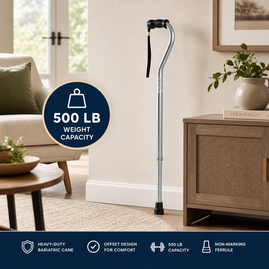 Walking cane in a living room with product features highlighted