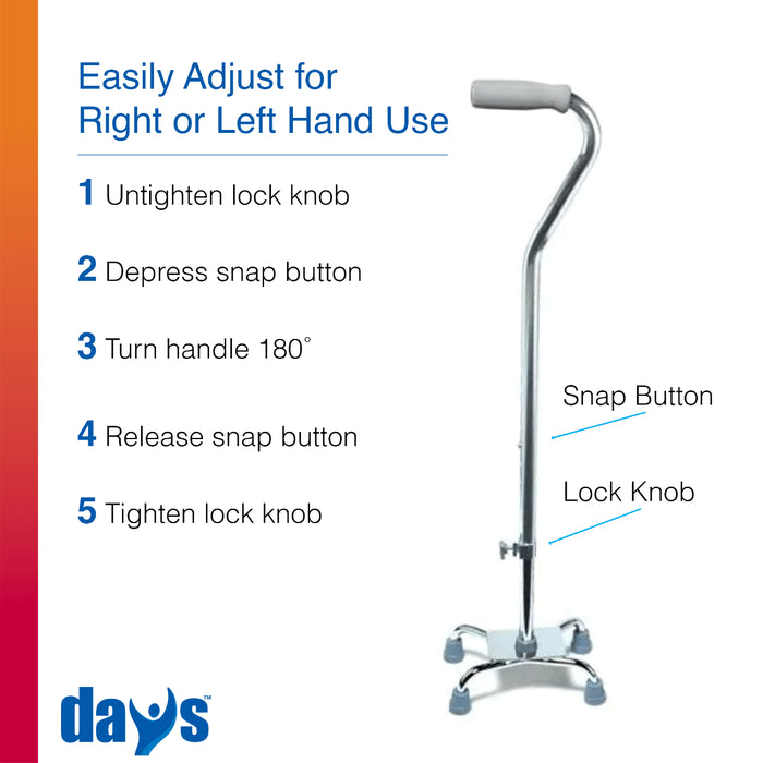 Quad cane with instructions on how to adjust for right or left hand use, featuring the Days logo.