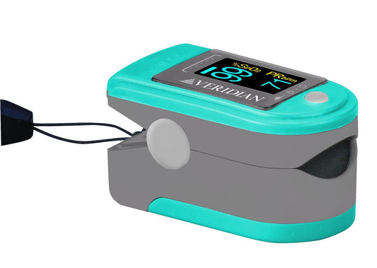 Finger pulse oximeter with digital display on a white background

