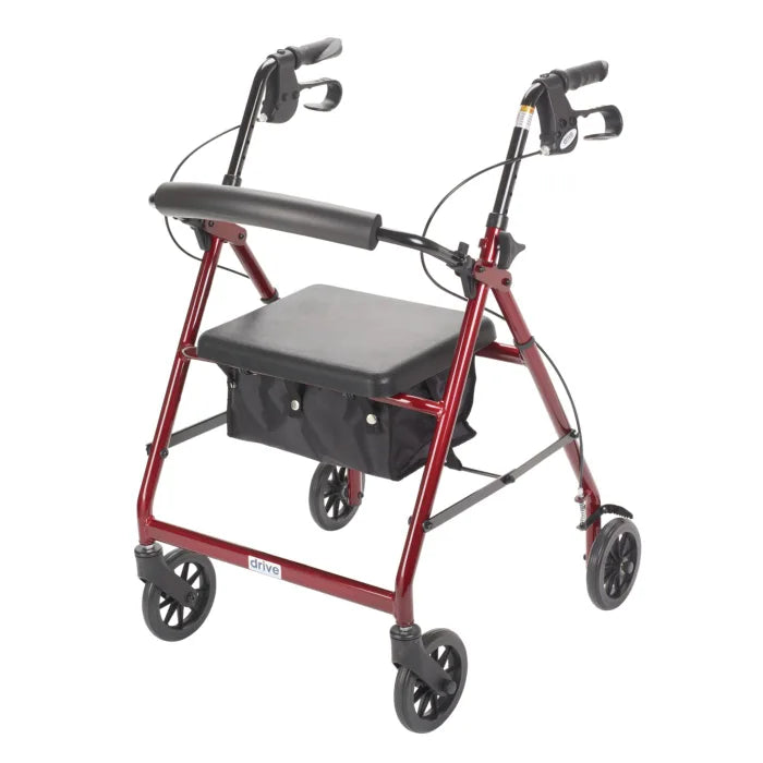 A red and black rollator walker with a seat, armrests, and a storage bag, shown on a plain white background.