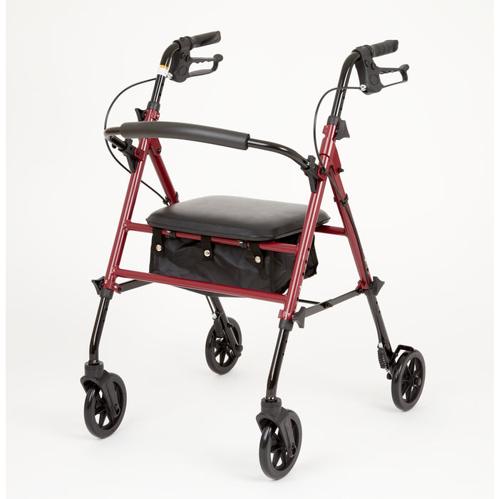 A red and black rollator walker with a black seat cushion and storage basket, shown on a clean white background.