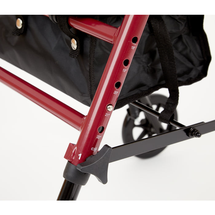 Close-up of a red and black rolling walker frame with a black storage bag attached, shown on a clean white background.