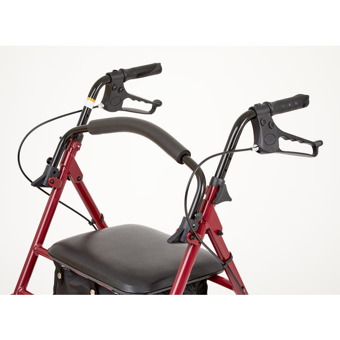 A red metal rollator walker with a black padded seat, black armrests, and black handbrake levers, photographed against a clean white studio background.