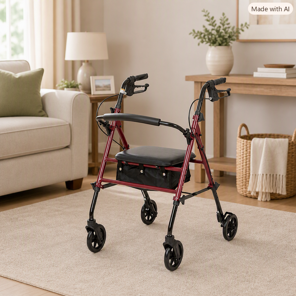 A red and black rollator walker with a black cushioned seat and armrests, shown in a bright, modern living room setting on a beige rug.