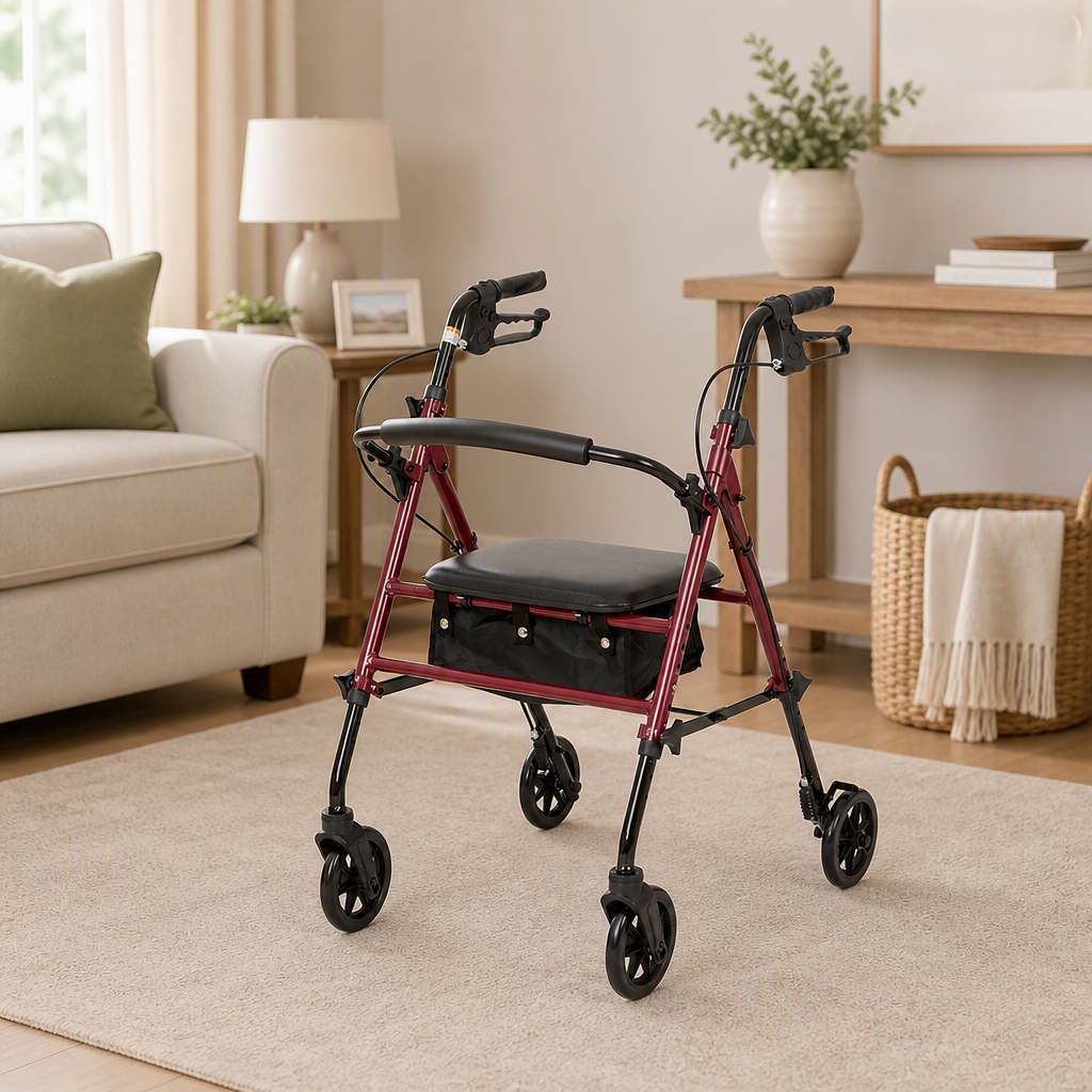 A red and black rollator walker with a built-in black seat cushion, positioned on a beige rug in a bright, modern living room.