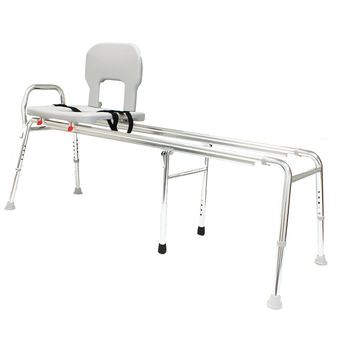A silver aluminum transfer bench with a white padded seat and backrest, black safety straps, and adjustable legs with rubber feet, shown on a white background.