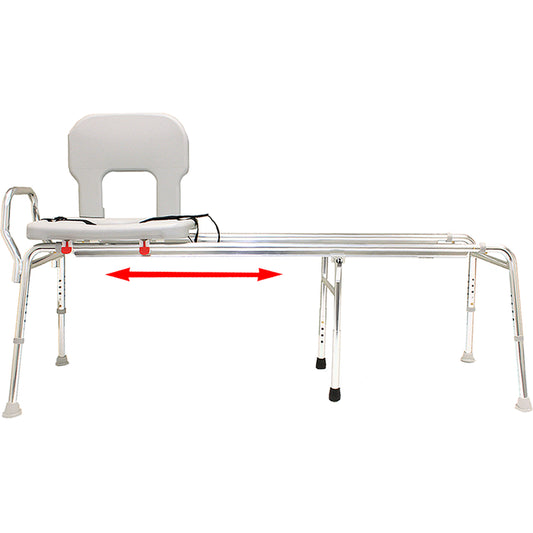 Bath transfer bench with a red arrow indicating the direction of movement on a white background