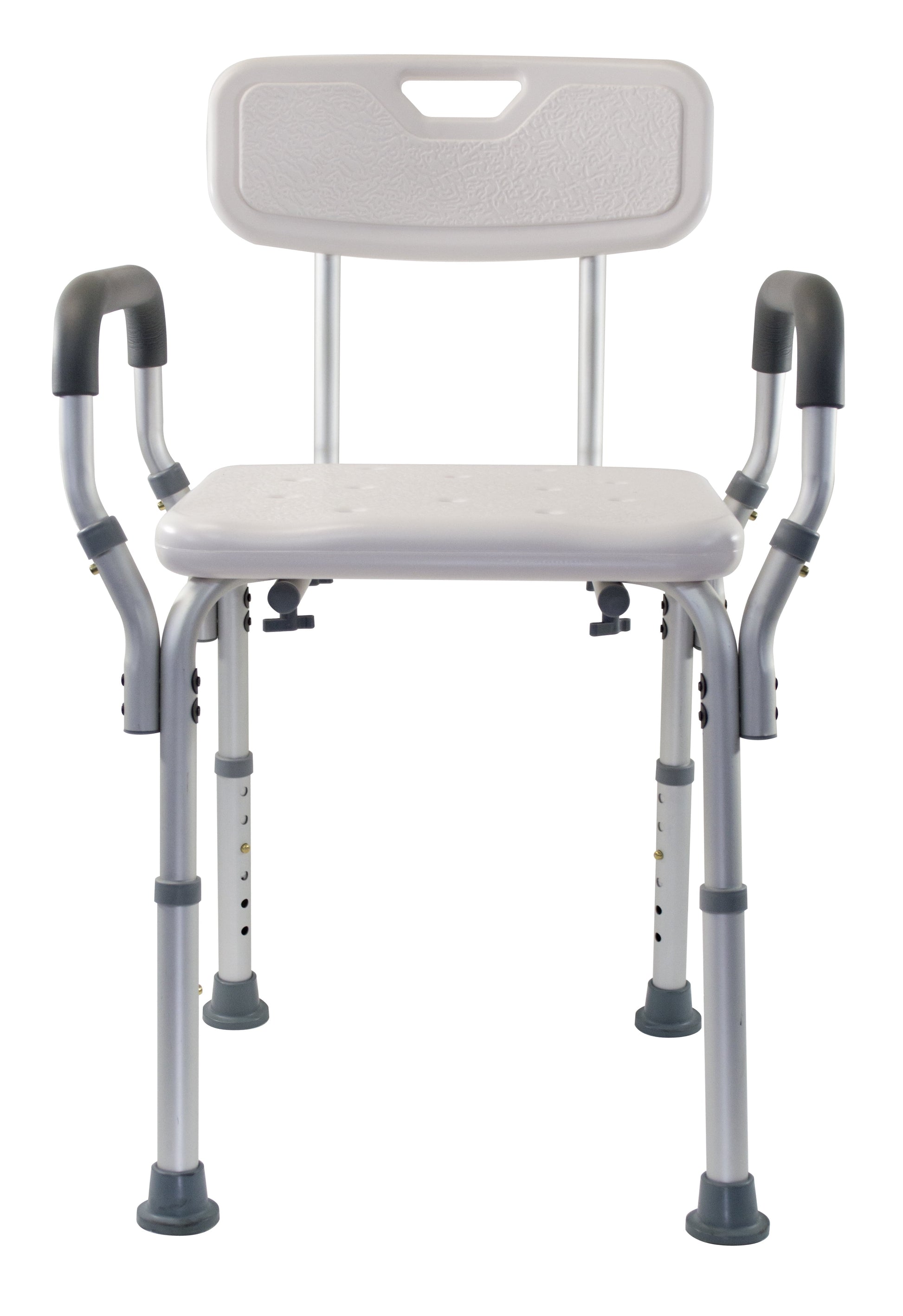 Medical shower chair with backrest and armrests on a white background

