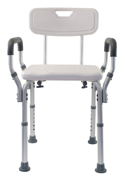 Medical shower chair with backrest and armrests on a white background

