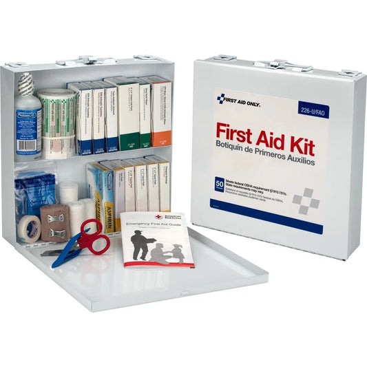 First aid kit with various supplies on a white background

