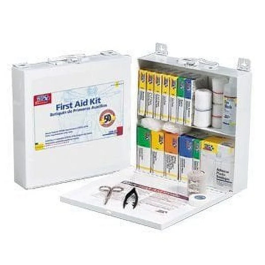 First aid kit with various supplies on a white background

