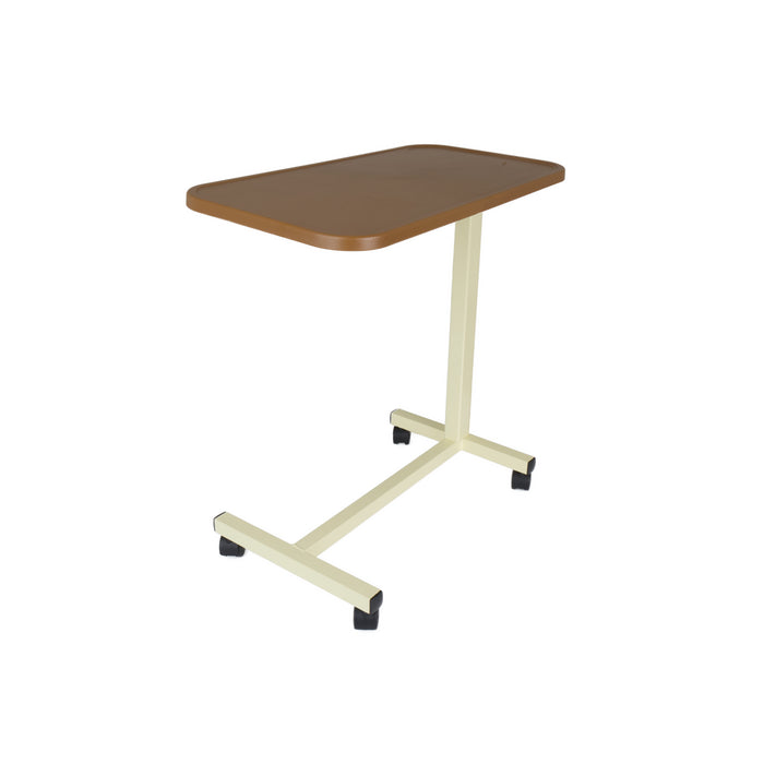 Adjustable height table with brown top and beige base on a white background