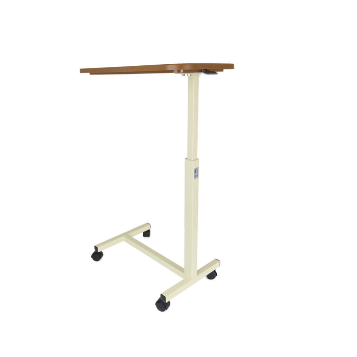 Adjustable height table with wooden top on a white background