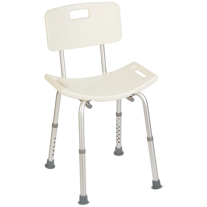 White shower chair with adjustable legs on a white background