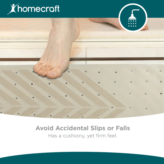 Shower mat with feet stepping onto it, featuring Homecraft branding and safety message.