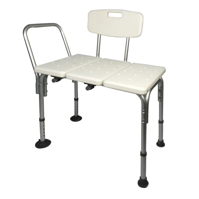 White bath bench with adjustable legs on a white background
