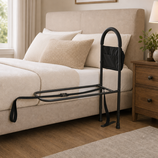 Black metal bed rail leaning against a white bed in a bedroom