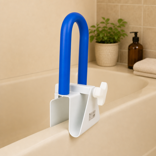 Blue and white bathtub handle attachment on a bathtub with a plant and bottle in the background.