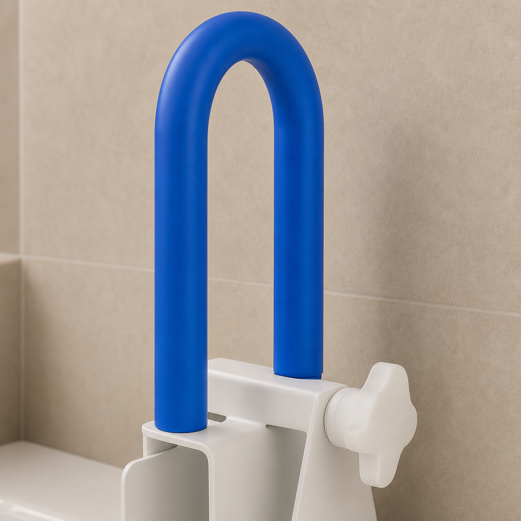 Blue grab bar attached to a white toilet with beige tiled wall background