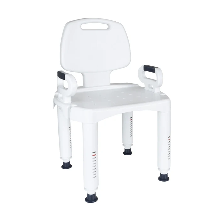 White shower chair with black feet on a white background