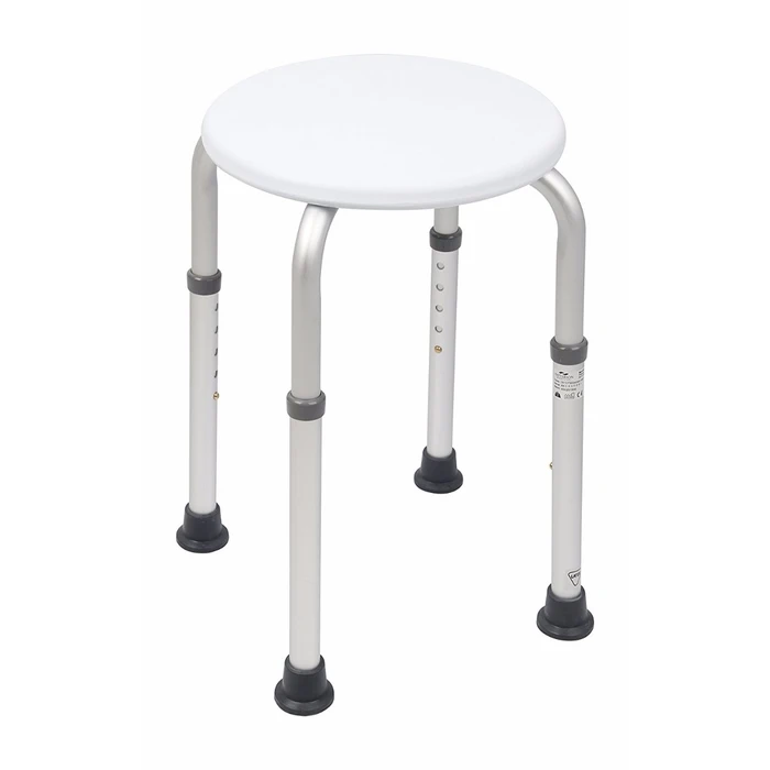 Adjustable height stool with white seat and metal legs on a white background