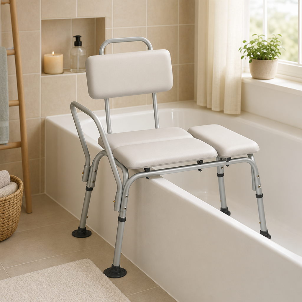Padded Transfer Bath Bench – Height‑Adjustable, Padded Seat & Back, 300 lb Capacity