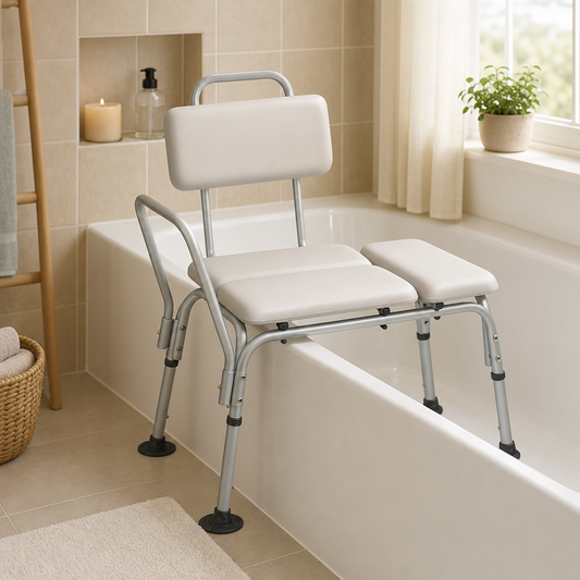 Padded Transfer Bath Bench – Height‑Adjustable, Padded Seat & Back, 300 lb Capacity
