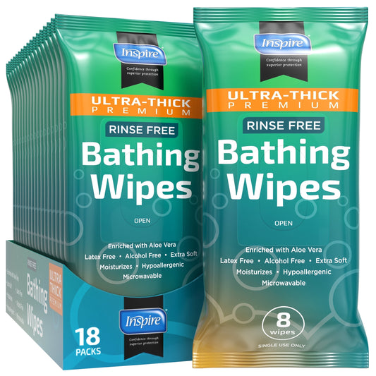 Two packages of Ultra-Thick Premium Rinse Free Bathing Wipes by Inspire on a white background.