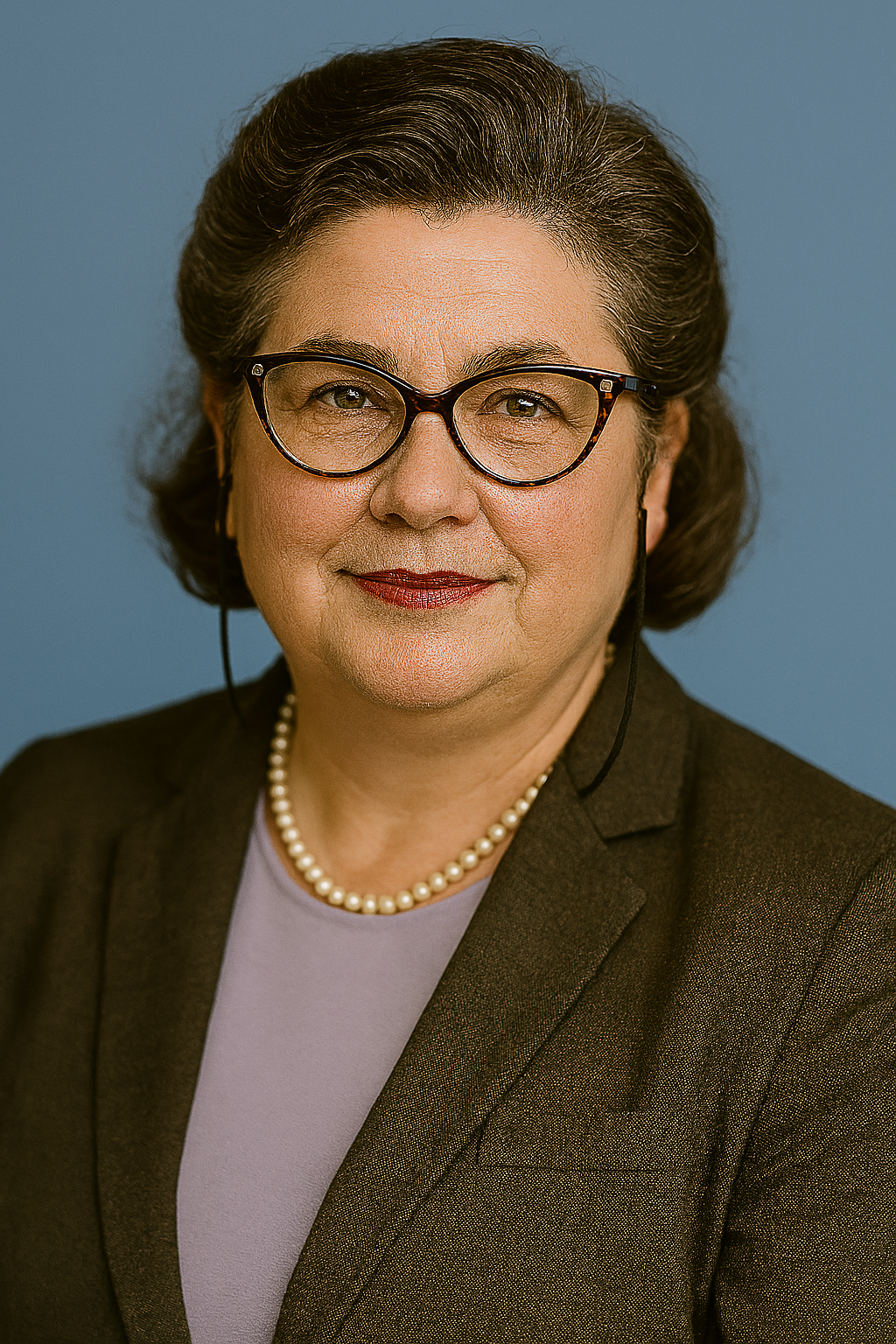 Woman wearing glasses and a brown blazer against a blue background