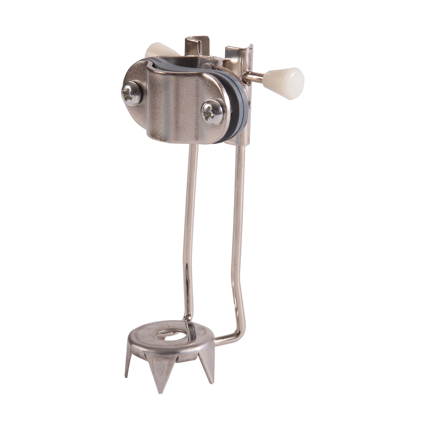 Metallic stand with adjustable arm and base on a white background