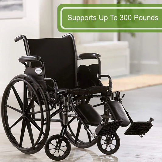 Wheelchair with text indicating weight capacity on a blurred indoor background

