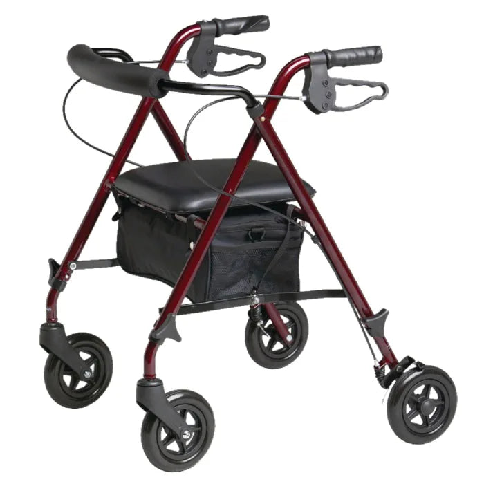 Red and black rollator with wheels on a white background