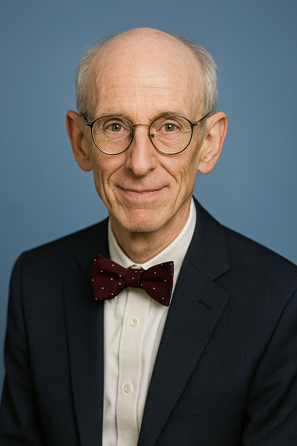 Man wearing glasses, a dark suit, and a patterned bow tie against a blue background