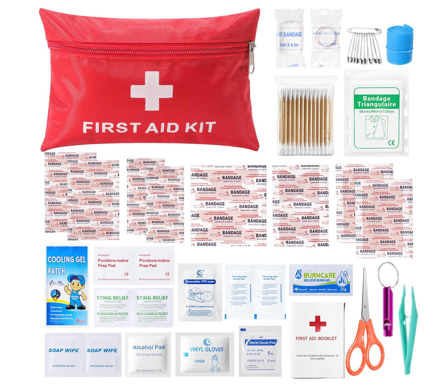 First aid kit with various components on a white background

