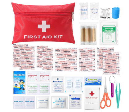 First aid kit with various components on a white background

