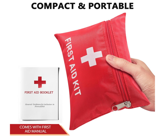 Red first aid kit with a hand holding it, and a white first aid booklet on a white background.

