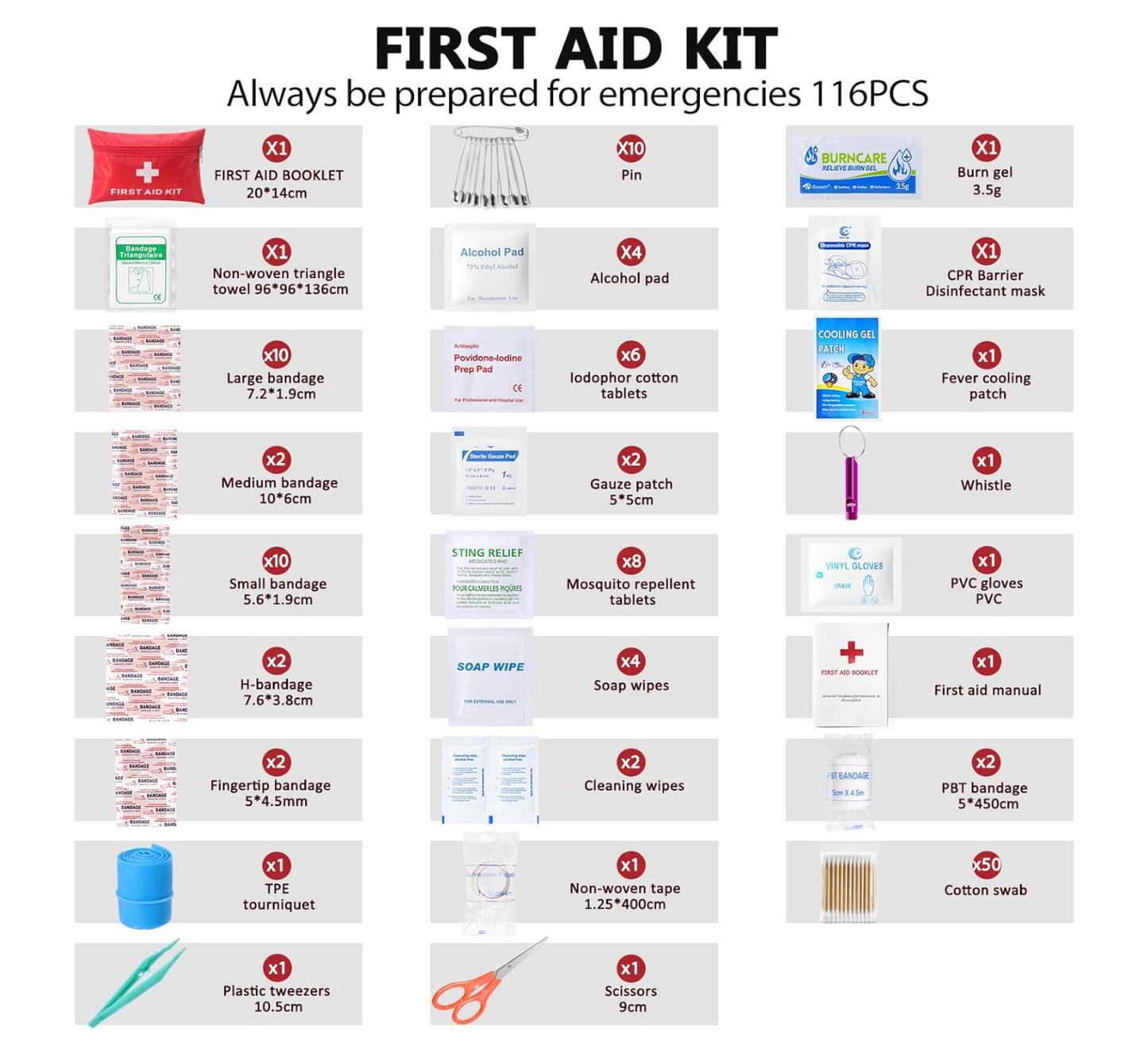 First aid kit contents displayed with labels on a white background

