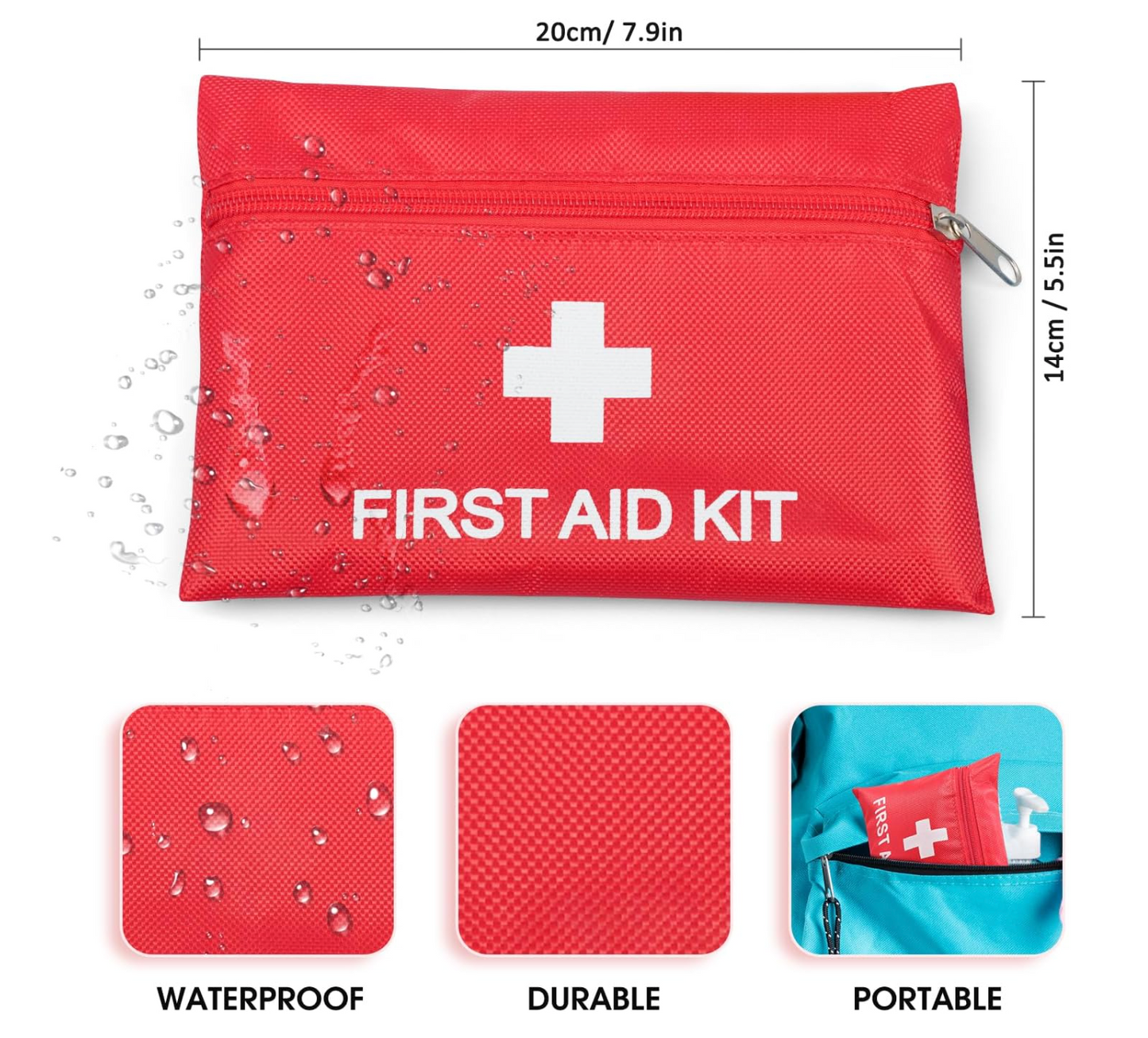 Red first aid kit with a white cross, dimensions, and features on a white background

