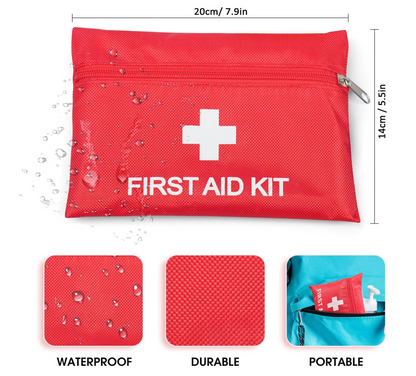 Red first aid kit with a white cross, dimensions, and features on a white background

