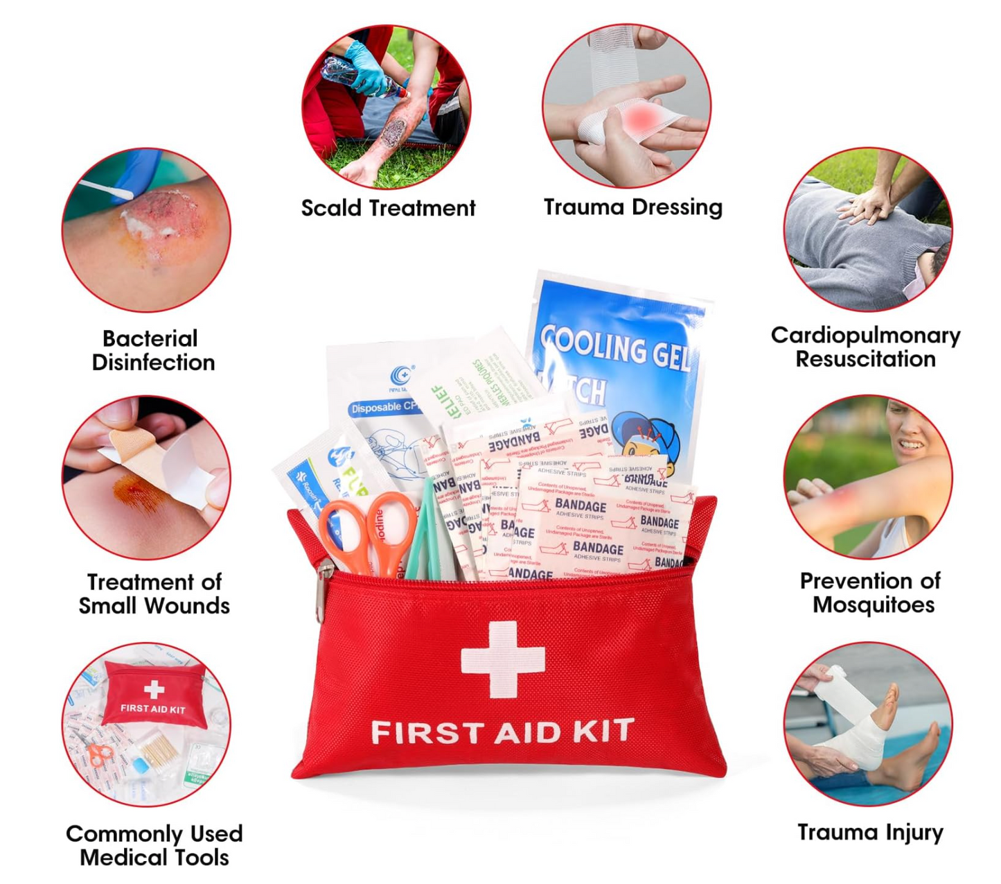 Red first aid kit with various supplies on a white background, surrounded by icons of medical scenarios.

