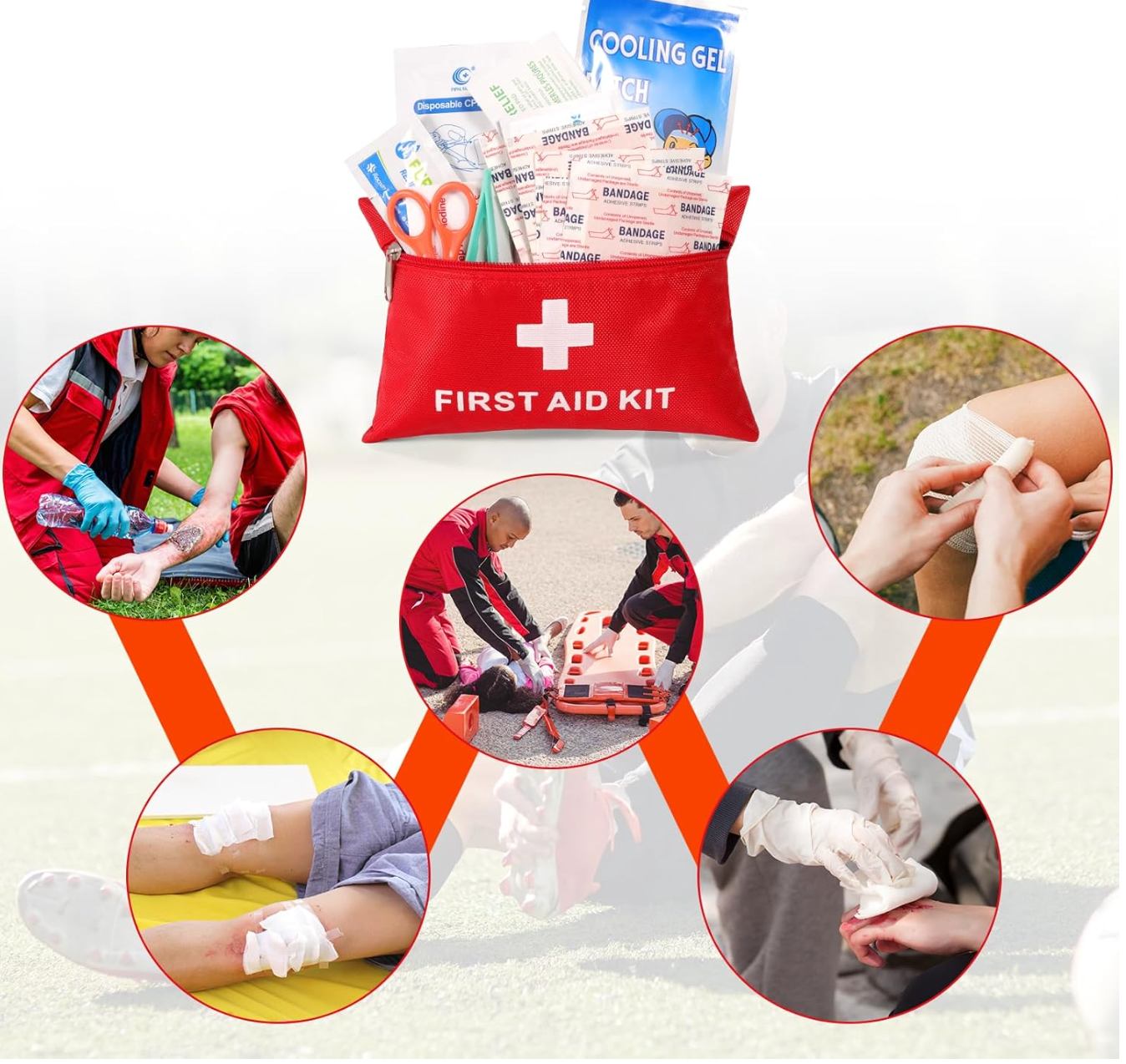First aid kit with various supplies and usage scenarios on a white background

