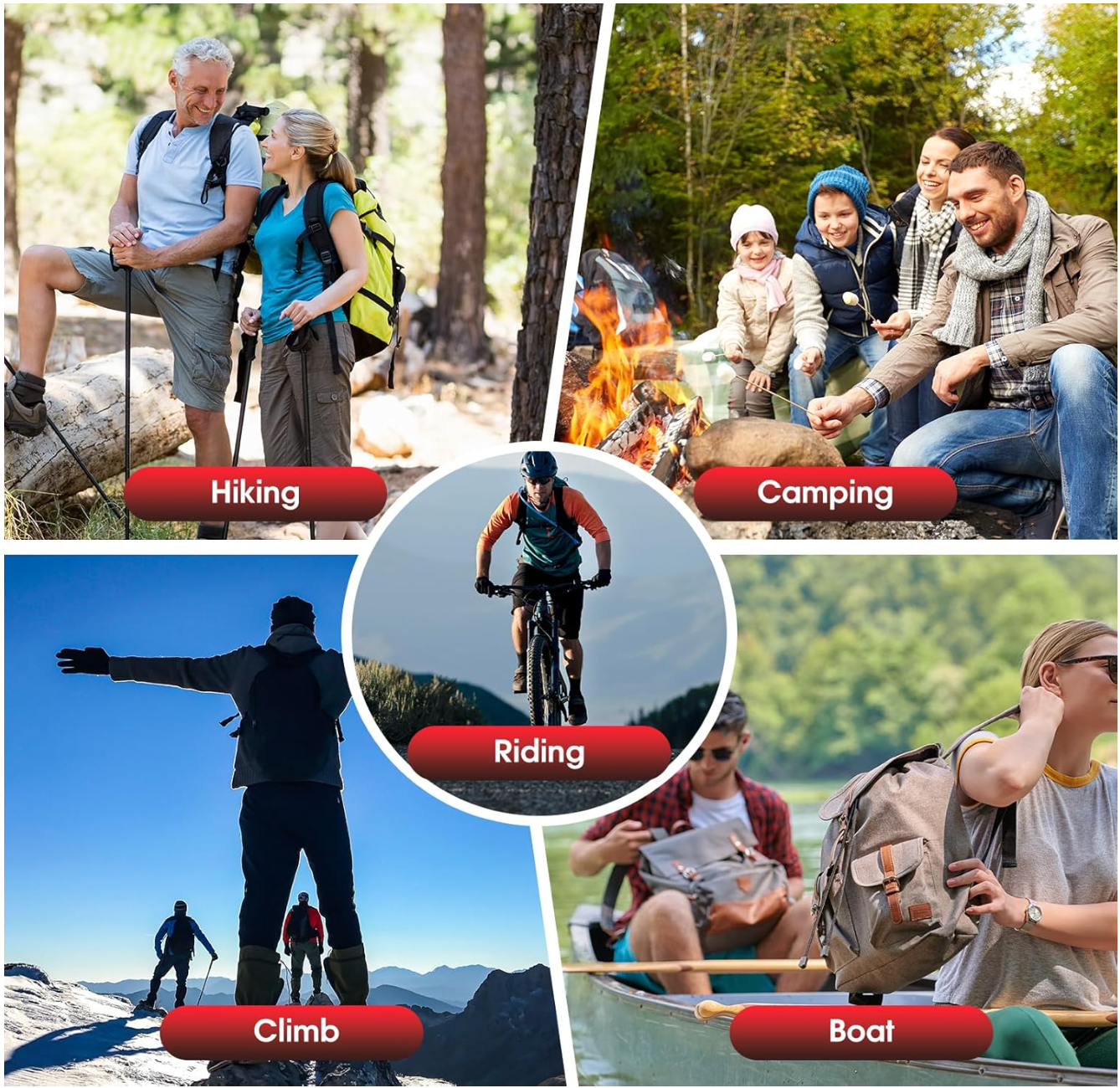 Collage of people engaging in outdoor activities with labels for hiking, camping, riding, climbing, and boating.

