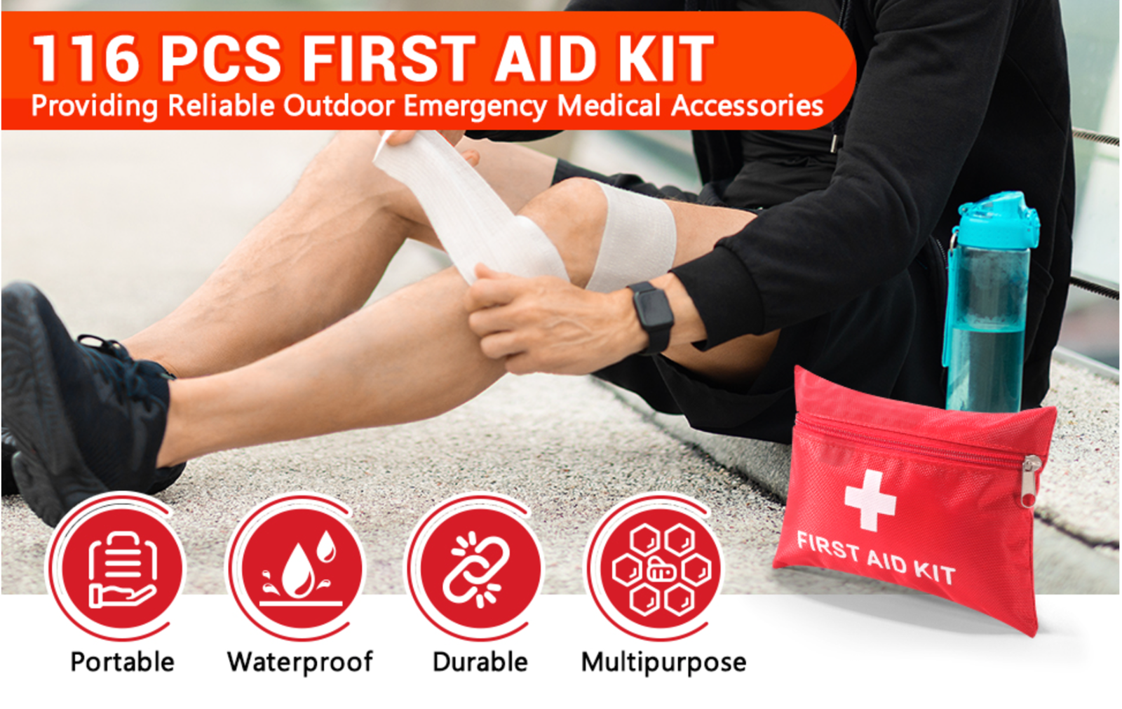 Person applying bandage to knee with first aid kit and water bottle in background, featuring text about 116-piece first aid kit.

