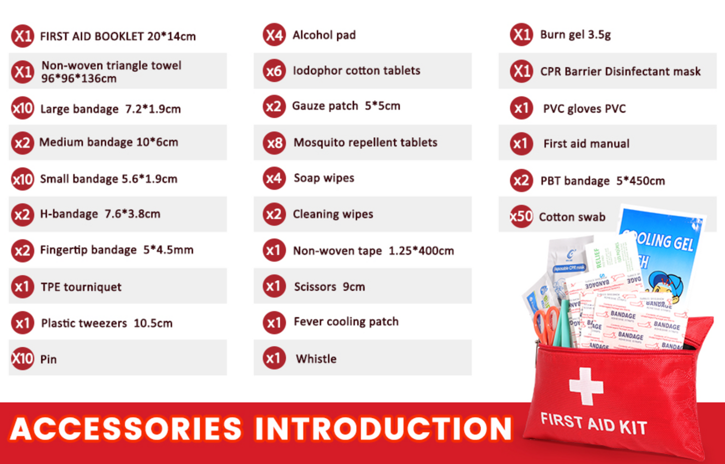 First aid kit contents with accessories and a red first aid kit on a white background.

