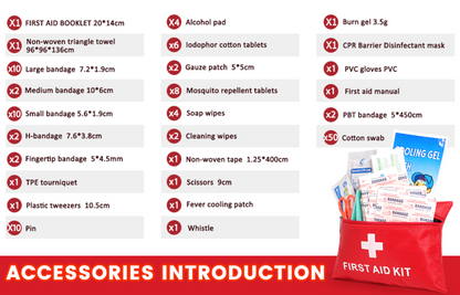 First aid kit contents with accessories and a red first aid kit on a white background.

