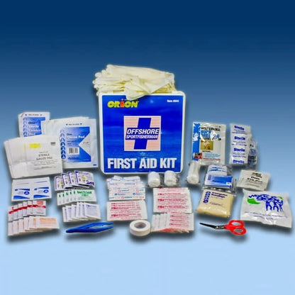 Orion first aid kit with various supplies on a blue background

