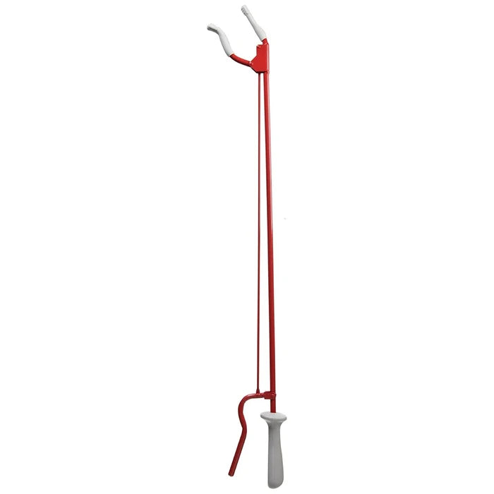 Red and white tool with a long handle and curved metal end on a white background
