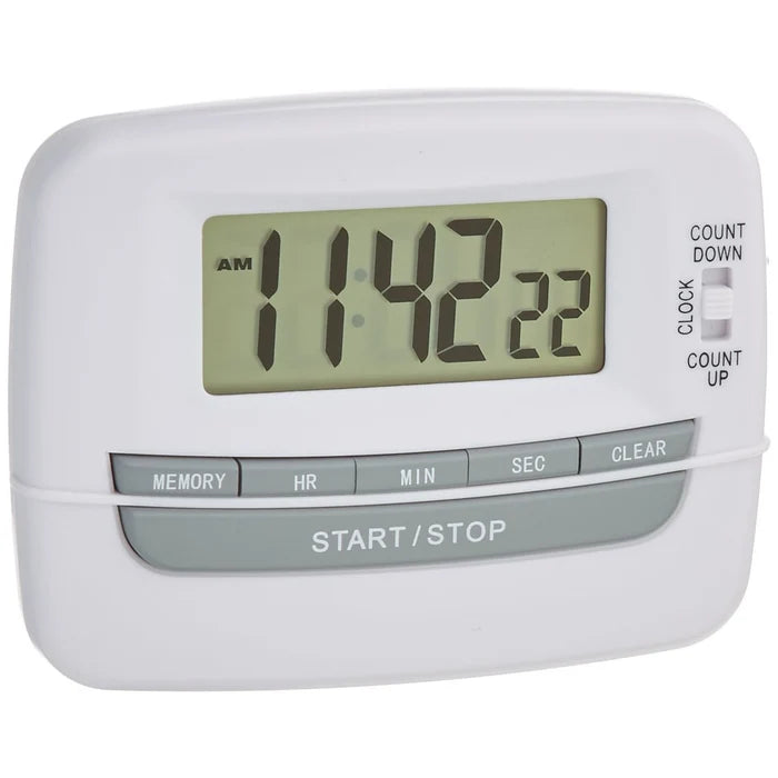 Digital timer with a white casing and digital display on a white background